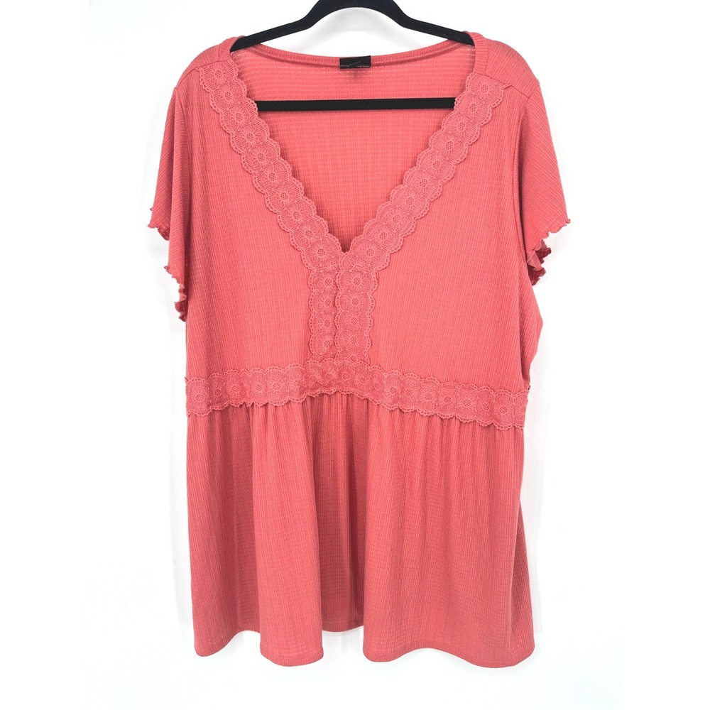 Torrid Peplum Top Women 4X‎ Coral Pink Lace Trim Babydoll Ribbed Flutter Sleeve